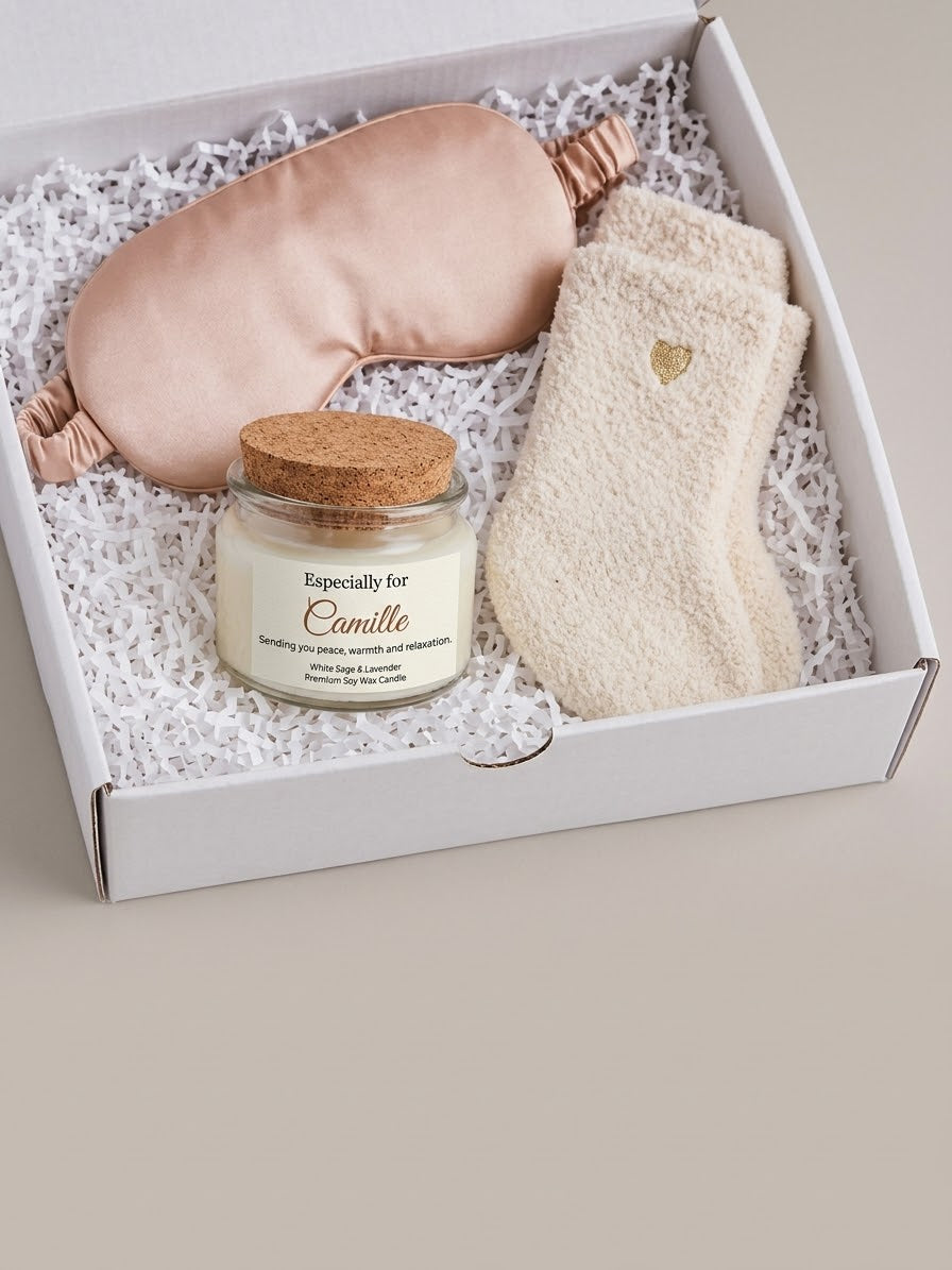 Personalized Self-Care Gift Set | Soy Candle, Eye Mask & Socks